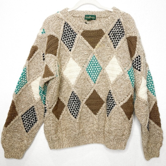 Boundary Waters Vintage 90 Streetwear Shetland Wool Diamond Knit Grandpa Sweater - Picture 1 of 8